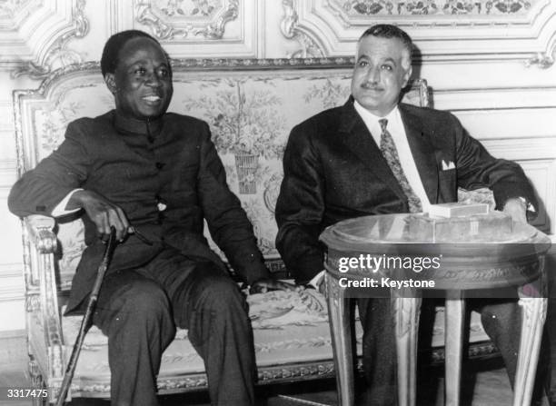 Ghanaian politician Kwame Nkrumah and Gamal Abdul Nasser , president of the United Arab Republic, at Kubbe Palace at Cairo for talks, shortly before...