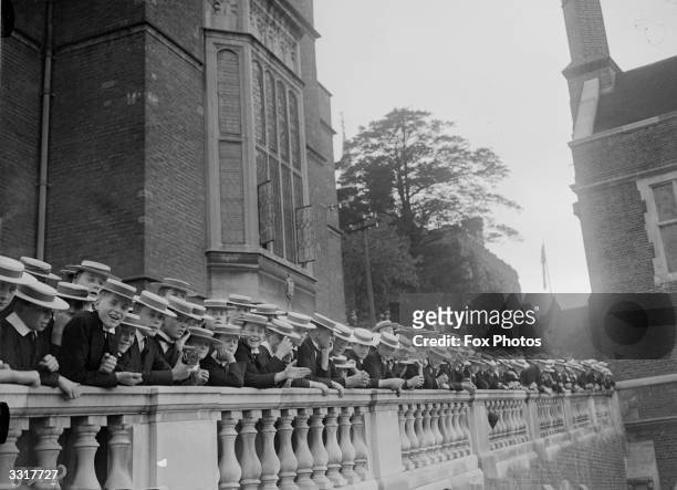 Pupils at Harrow school lining a terrace on the occasion of prime minister Stanley Baldwin's visit.