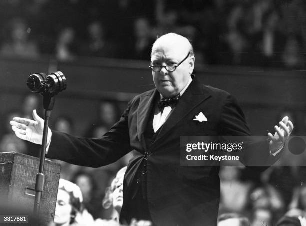 Sir Winston Leonard Spencer Churchill addressing a Women Conservatives meeting.