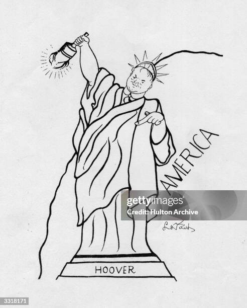 Cartoon of Herbert Hoover , 31st President of the United States, depicted as the 'Statue of Liberty' with brand lowered.