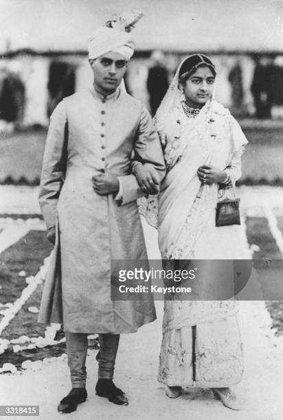 Indian statesman Jawaharlal Nehru , known as Pandit Nehru, and his wife Kamala on their wedding day, 8th February 1916.