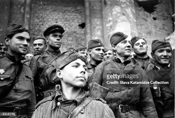 Victorious Russian soldiers in Berlin, Germany, at the end of the Second World War.