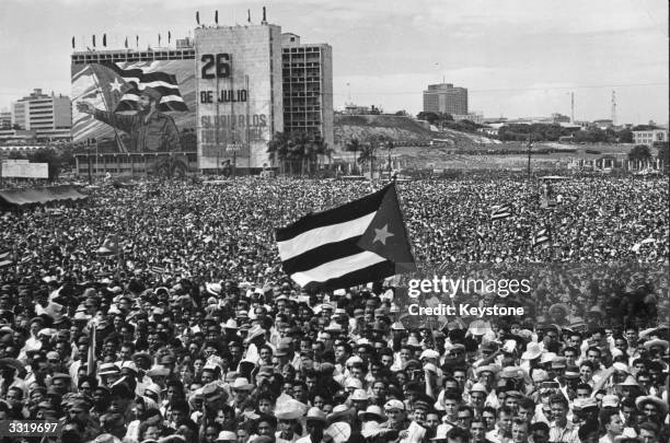 The crowd at Revolution Square, Havana, during celebrations to mark the anniversary of the assault on Moncada's Barracks. They are listening to a...