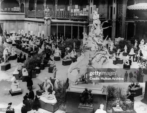Interior of sculpture exhibition in the Grand Palace at the Paris Exhibition of 1900.