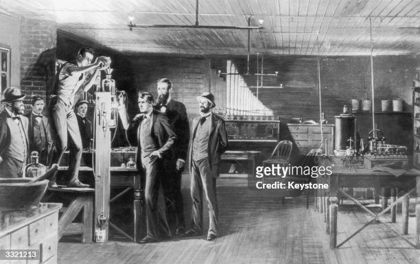 The birth of the incandescent lamp; a scene in Edison's Menlo Park laboratory, New Jersey, USA. Francis Jahl is replenshing the supply of mercury in...