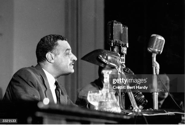 Recently-elected Egyptian president Gamal Abdul Nasser addressing a conference at Cairo. Original Publication: Picture Post - 8634 - Conference In...