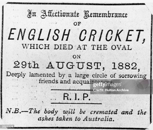 Newspaper obituary on the death of English cricket which appeared after England lost the 1882 Test Match against Australia. The bales were burnt and...