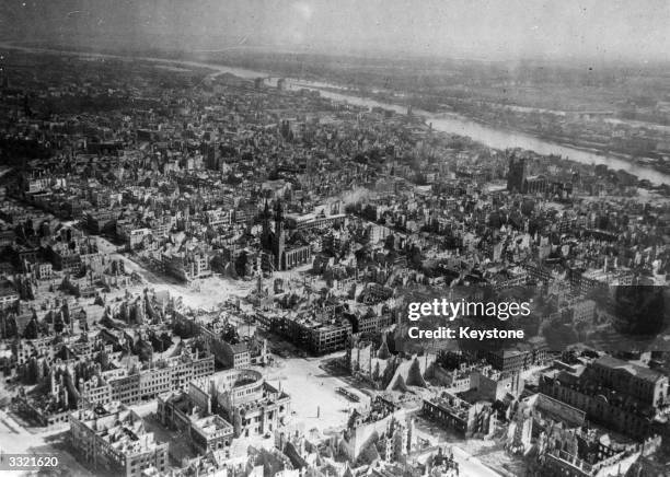 The devastated city of Magdeburg on the Elbe after heavy Allied bombing. The cathedral survived largely intact.
