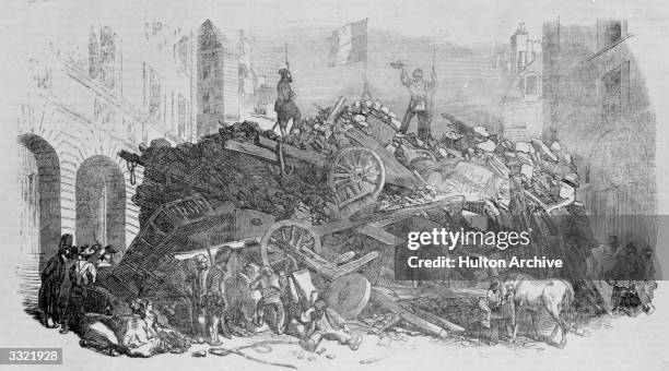 Barricade erected in the Rue St Martin, Paris, during fighting beteen moderate and radical Republicans during the first few months of the Second...