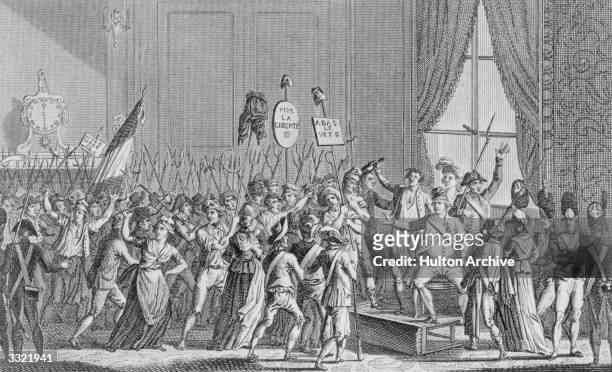 The people getting into the Chateau des Tuileries during the French Revolution. Original Artwork: Engraving by Conche Sons