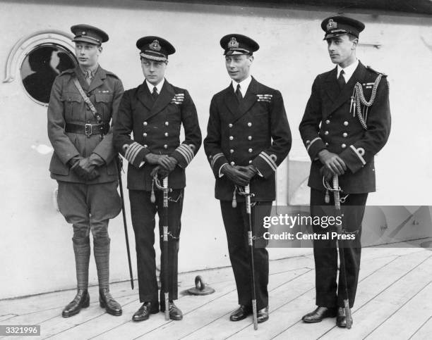 Edward, Prince Of Wales , leaves for Australia. On deck are, from left to right, Duke of Gloucester, Prince of Wales, George Duke of York , and Lord...