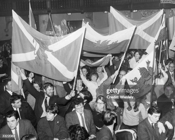 Members of the Scottish National Party and Plaid Cymru, the Welsh National Party, during a joint conference at Caxton Hall in London. They are...