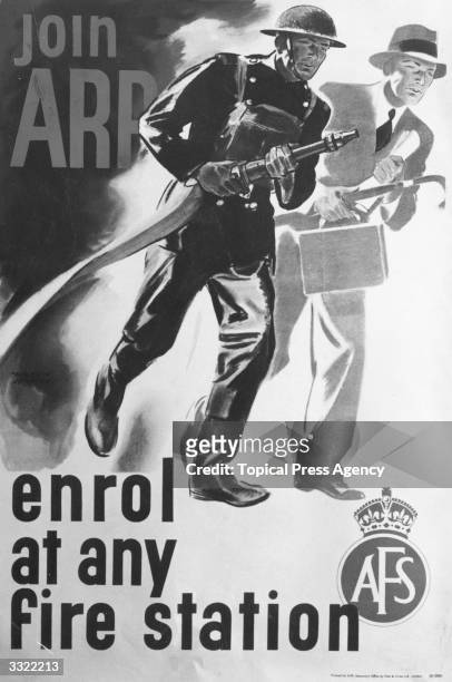 An ARP poster encouraging people to join the Auxiliary Fire Service. Poster by A J Johnson.