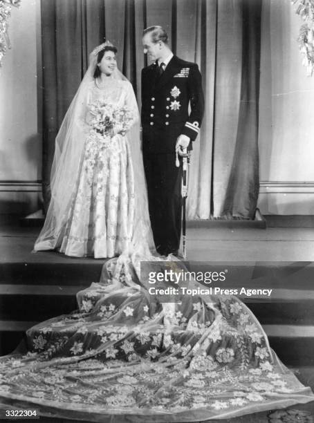 Princess Elizabeth with Philip Mountbatten on their wedding day, 20th November 1947.