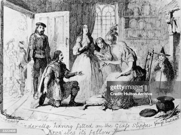 Cinderella, having tried on the glass slipper, produces its fellow. Etching by George Cruikshank as an illustration for Grimm's 'Aschenputtel'.