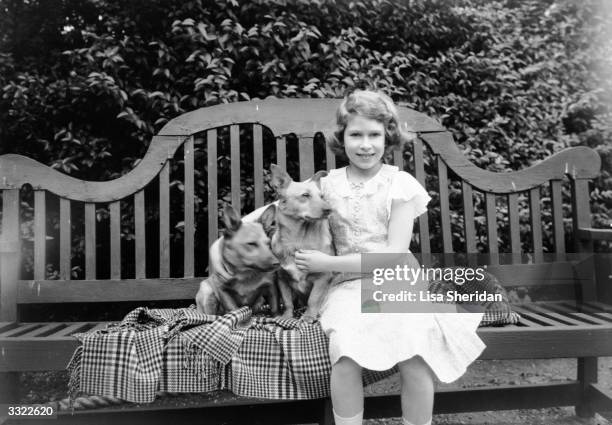 Princess Elizabeth sitting on a garden seat with two corgi dogs at her home on 145 Piccadilly, London.
