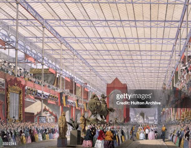 The opening of the Great Exhibition in Crystal Palace, the glass and iron building designed by Joseph Paxton, at Hyde Park, London. Interior of the...