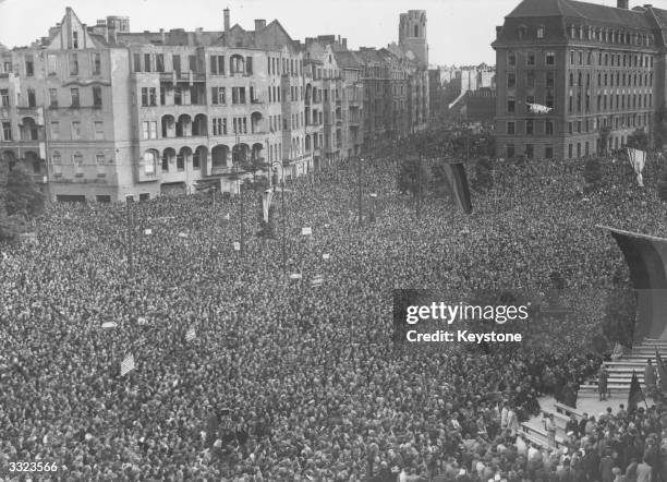 Members of the new Govenment speak to Berliners following the lifting of the Berlin Blockade. Nearly half a million people gather at Schoneberg...