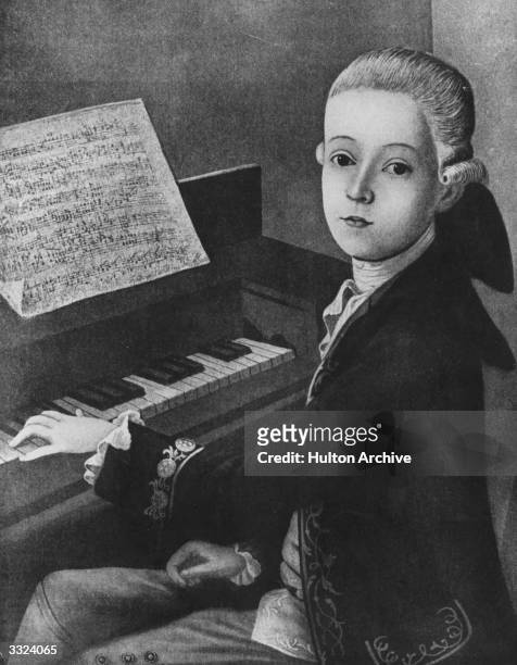 Austrian composer Wolfgang Amadeus Mozart at the keyboard at the age of 9. Original Artwork: Painting by J N Helbling at the Mozarteum, Salzburg.