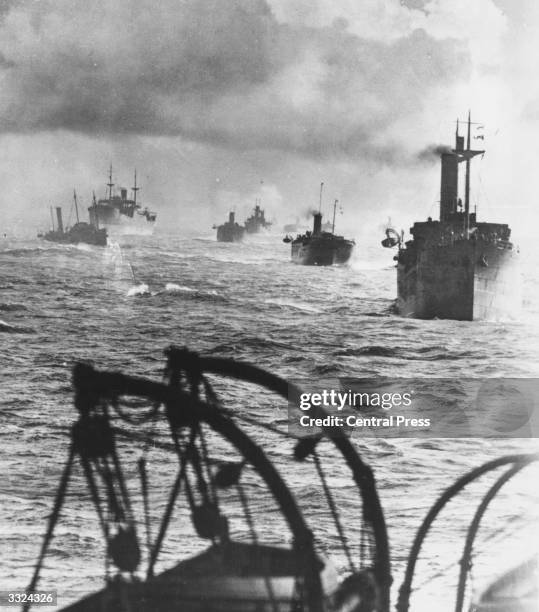 Convoy of British ships comprising 24 merchantmen and colliers in the North Sea during World War II.