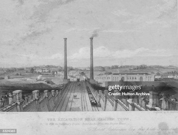 The stationary engine chimneys and locomotive engine house near Camden Town on the London and Birmingham Railway line. Original Artwork: Engraving by...