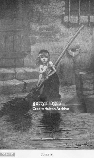 Scene from 'Les Miserables' by Victor Hugo; a ragged and barefoot Cosette sweeps a flooded yard. Les Miserables - pub. 1862 Illustration - Emile...