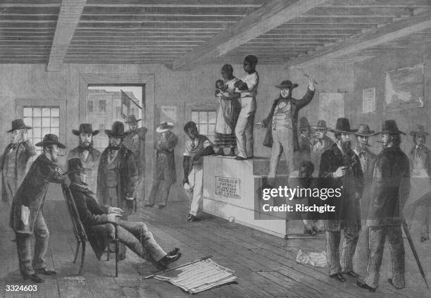 An auction of enslaved people in Virginia, USA. A newspaper, The New York Herald, lies on the floor.