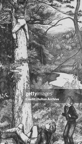 'Climbing the fir tree after the kestrel's nest'. Watched by a group of friends a boy is clinging to the trunk of a tree. A scene from Tom Brown's...