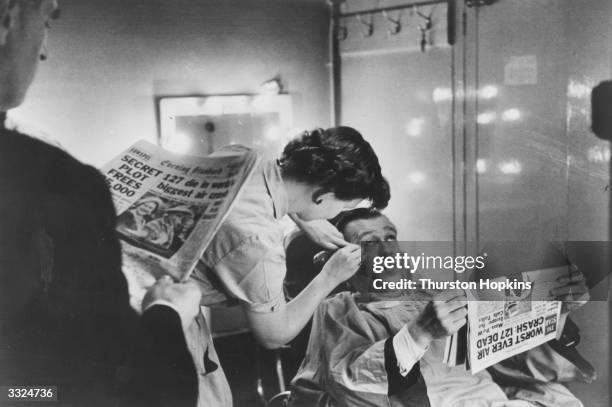 Actor Michael Pertwee is made-up before taking part in a televised presentation of Mozart's comic opera 'Die Entfuhrung aus dem Serail' at...