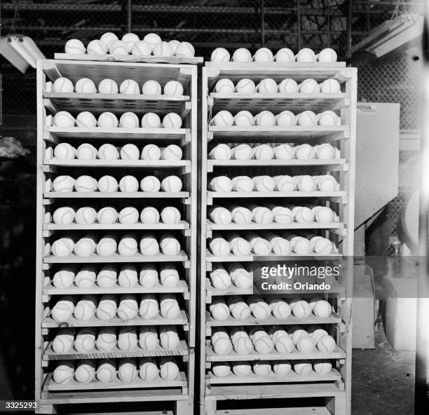 Official baseballs which are manufactured at the Spalding and Company plant, Chicopee, Massachusetts.
