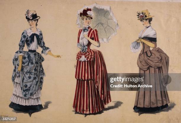 Late Victorian 'flower show and garden party dresses' with high bustles and fitted corset lines.