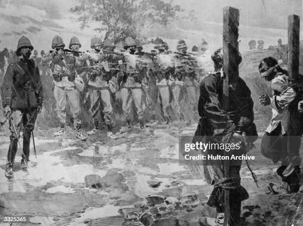 In Tientsin British soldiers administer rough justice by firing squad during the Boxer Rebellion. Original Artwork: Painting - F De Haenen after a...