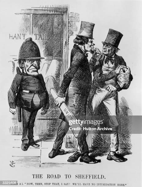 Policeman warning a union member to stop intimidating a non-unionist during the Sheffield riots. Original Publication: From Punch by John Tenniel...