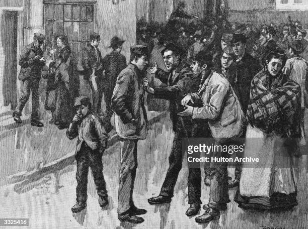 Group of men having a debate on the street during the Preston strike. Original Artist: By T Wrainey 'Cassell's History of England'