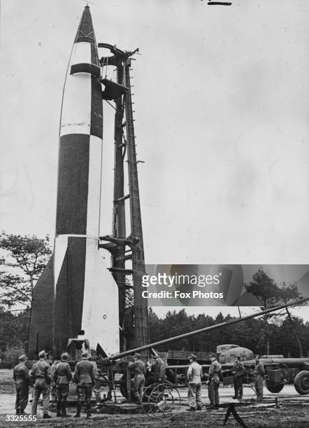 The German V-2 long-range missile, forerunner of the modern space launch rockets, before launch at Cuxhaven.