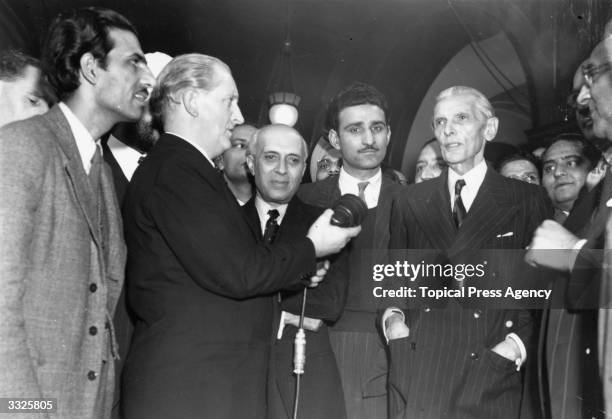 Indian muslim politician Muhammad Ali Jinnah right, with Indian statesman Pandit Nehru at India House, London, for talks on the future of India and...