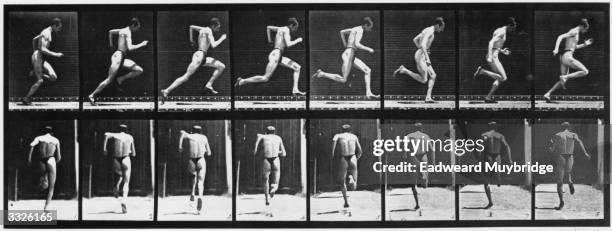 Series of stop frame photographs showing side view and back view of a man running. Original Publication: From 'Animal Locomotion'