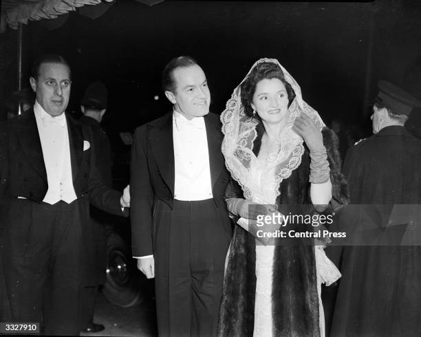 Comedian Bob Hope and his wife Dolores arriving at the Odeon Cinema, Leicester Square, London, for the Royal Command Film Show.