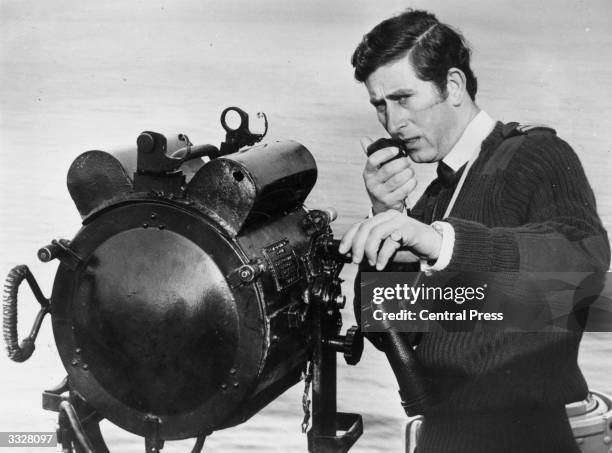 Charles, Prince of Wales as Captain of Royal Navy ship, HMS Bronington giving orders during a mine counter measure exercise in the Firth of Forth,...