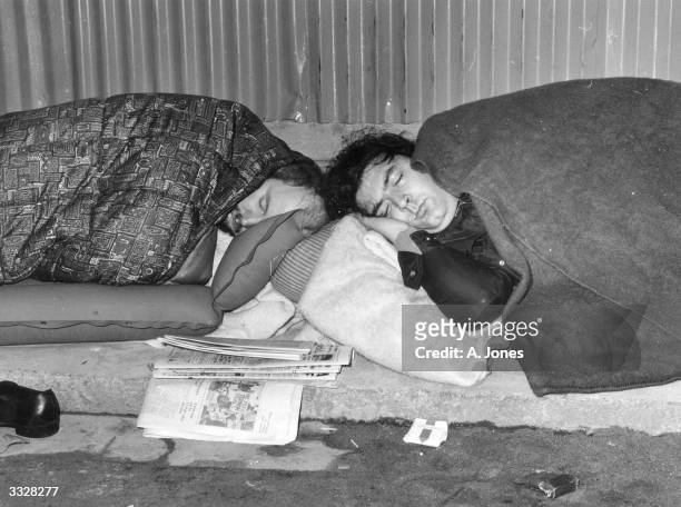 Irish politicians Paddy O'Hanlon and John Hume asleep in their sleeping bags during their 48-hour hunger strike at Downing Street, London.