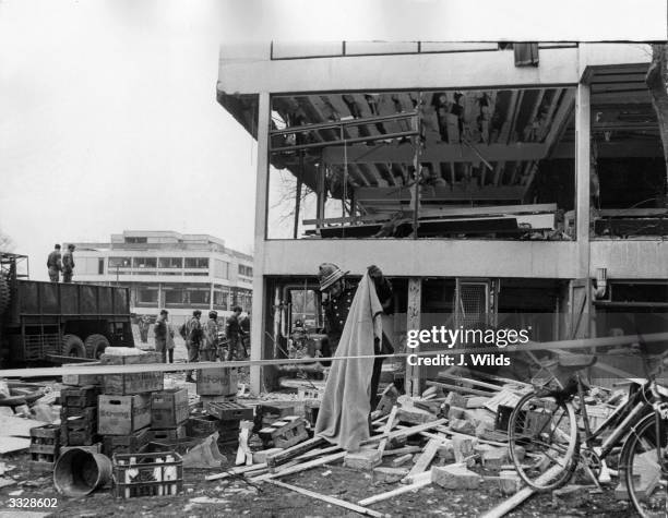 The wrecked headquarters of the Parachute Regiment at Aldershot bombed by the Irish Republican Army in retaliation for the thirteen deaths in Derry...