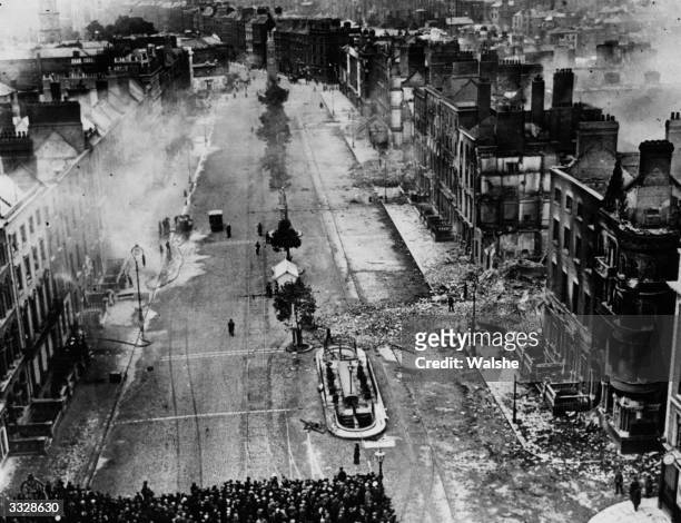 Devastation in Sackville Street, Dublin, after fighting between Free State and Republican Forces during the Irish Civil War.