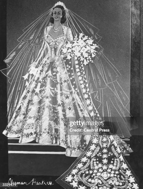 Sketch of Princess Elizabeth's wedding dress by Norman Hartnell.