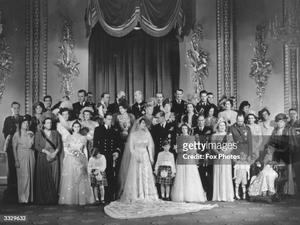 The Royal family group at the wedding of Princess Elizabeth, and the Duke of Edinburgh, Prince Philip. In the family group are Lord Mountbatten, King...