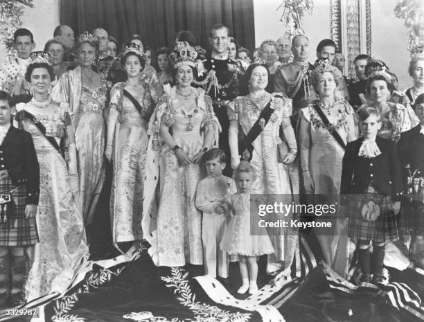 The royal group in the throne room of Buckingham Palace in honour of the Coronation of Queen Elizabeth II, including the Duke of Edinburgh, Prince...