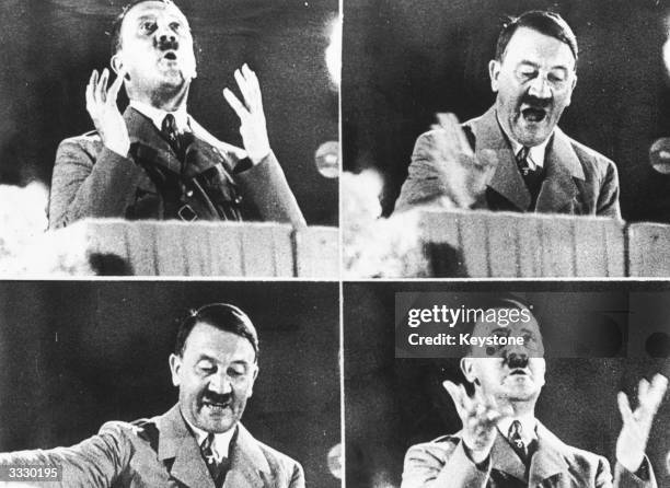 German dictator Adolf Hitler at various moments during his delivery of a speech.