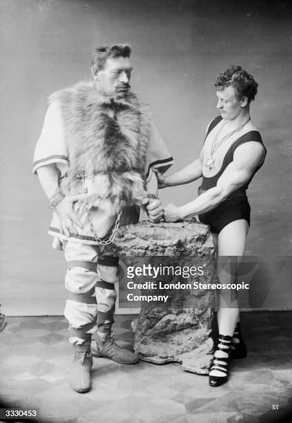 German body builder and strongman Eugen Sandow , with a former stone quarryman, who performed under the stage stage name, 'Goliath' 1890. The pair...