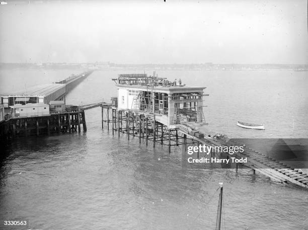 The new lifeboat station and slipway nearing completion on Southend Pier at Southend-on-Sea, England.