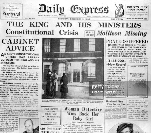 The front page of the 'Daily Express' with a leading article relating to King Edward VIII's abdication.