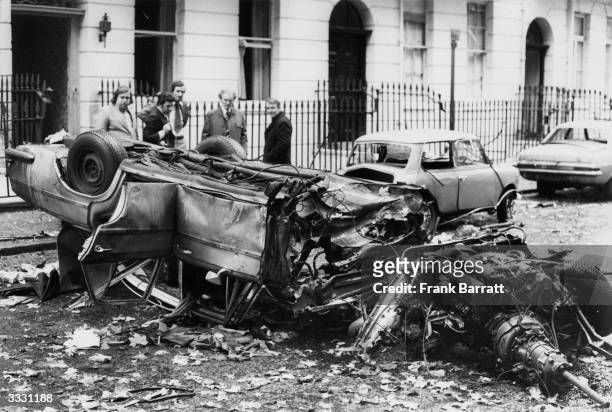 The wrecked car of barrister Richard Charnley after a terrorist car bomb explosion in Connaught Square, Bayswater, London. Mr Charnley escaped with...